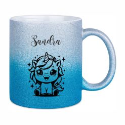 Glitzertasse mit Namen "Einhorn" 16 Glitzertasse mit Namen_Sandra_Einhorn_silber_blau - (c) baslina.com