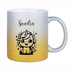 Glitzertasse mit Namen "Einhorn" 15 Glitzertasse mit Namen_Sandra_Einhorn_silber_gold - (c) baslina.com